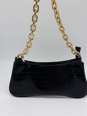Zara Black Croc-Embossed Shoulder Bag with Gold Chain